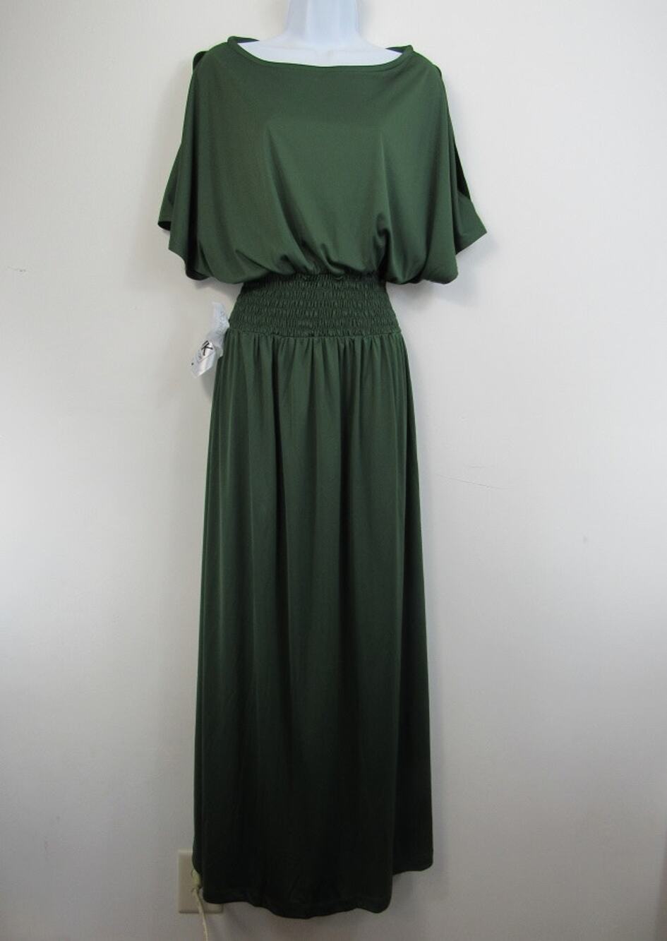 NWT Koh Koh Large Split Sleeves Smocked Elegant Cocktail Maxi Dress Dark Green